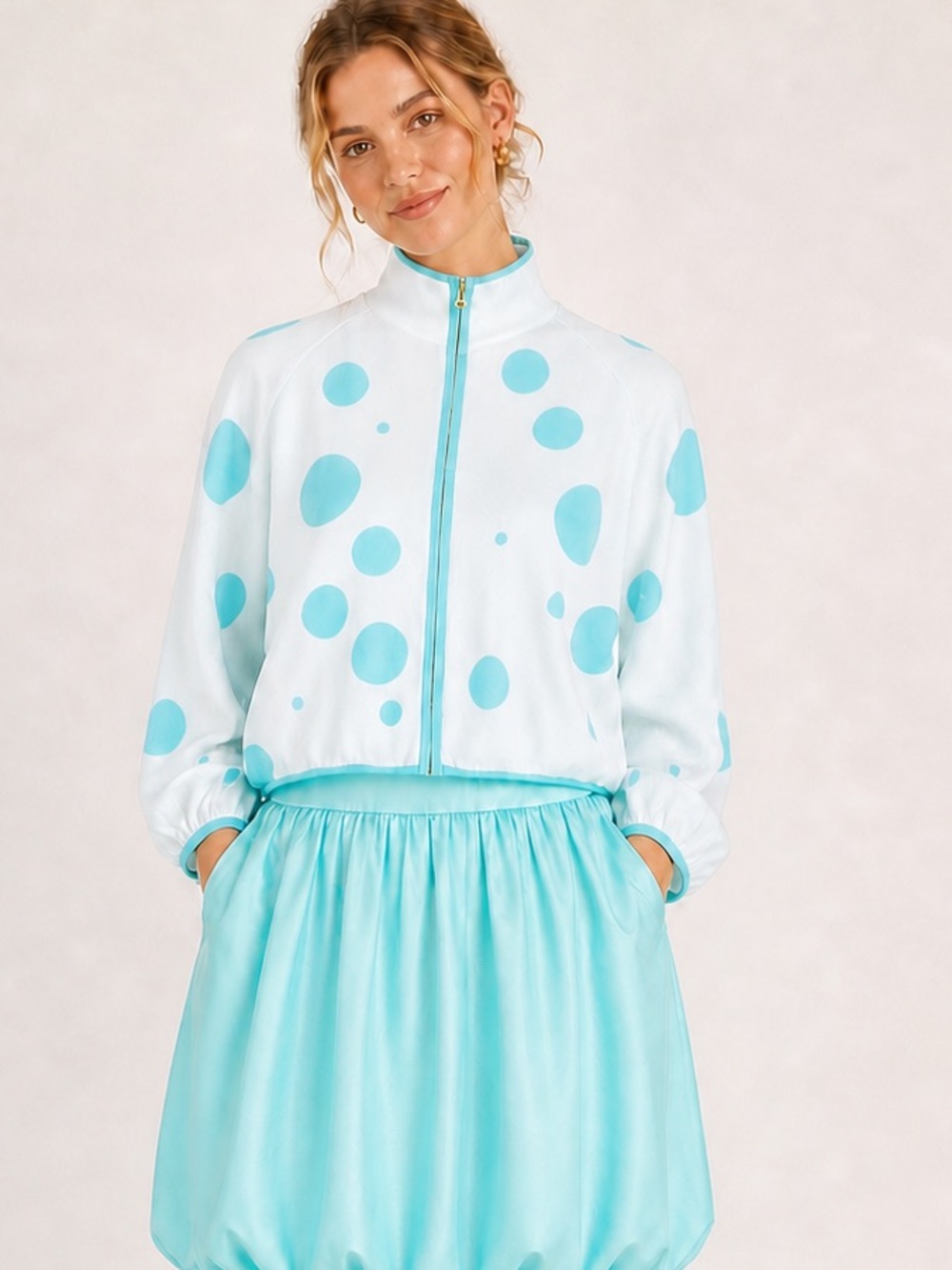 Aleeza Paris Polka Dot Cropped Knit Cardigan